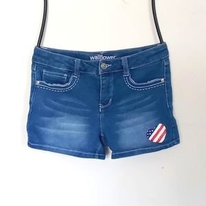 Girls Blue Denim Heart Print Shorts